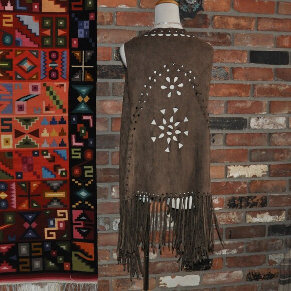 Brown Boho Faux Suede Laser Cut Hippie Fringe Vest Waistcoat Festival Unisex O/S - Picture 3 of 9